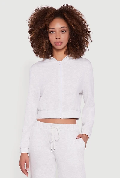 Womens Cropped Long Sleeve Zip Front Hoodie, Grey, Size M
