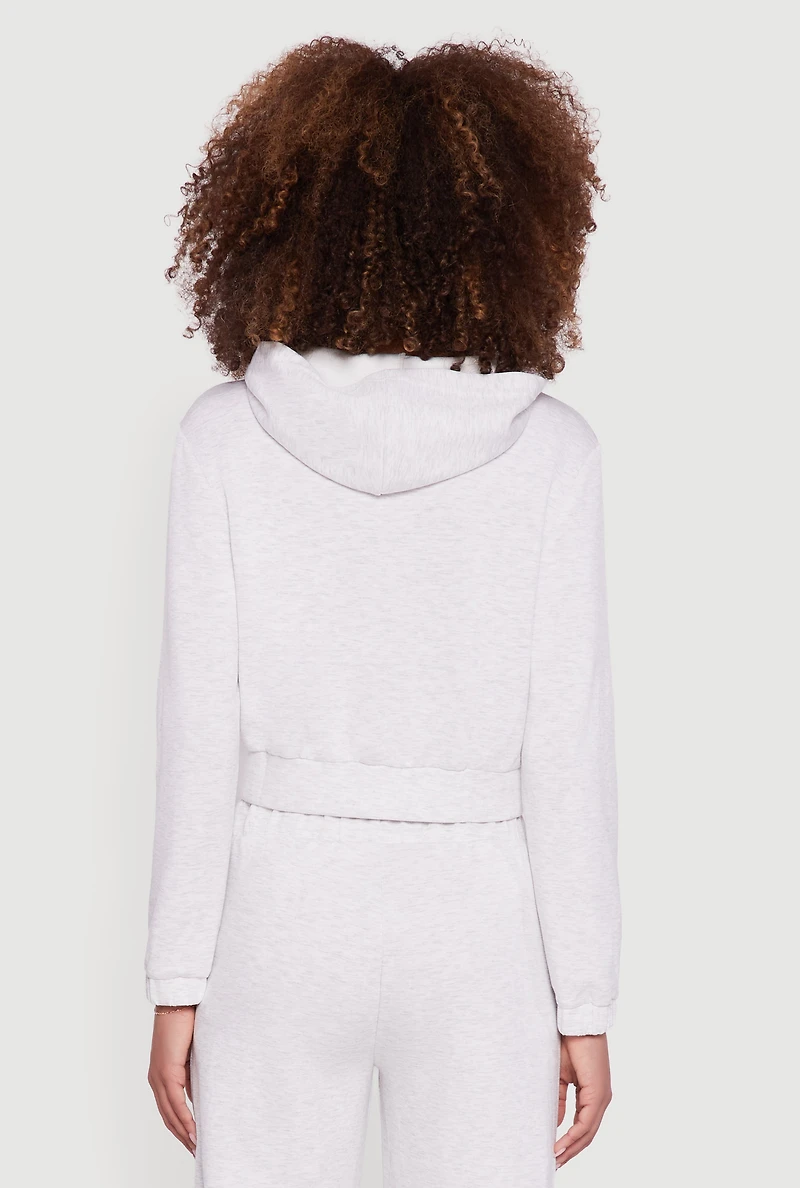 Womens Cropped Long Sleeve Zip Front Hoodie, Grey, Size M