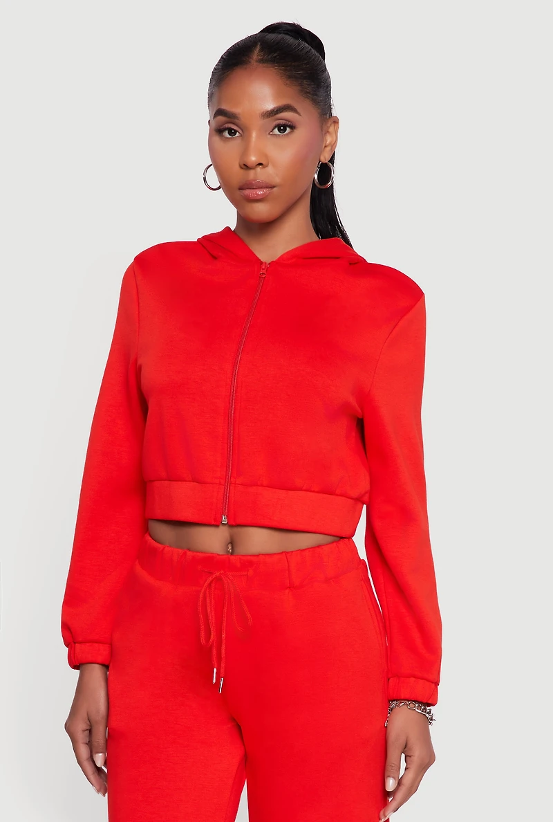 Womens Cropped Long Sleeve Zip Front Hoodie, Red,