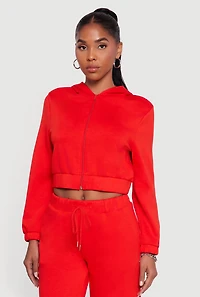 Womens Cropped Long Sleeve Zip Front Hoodie, Red,