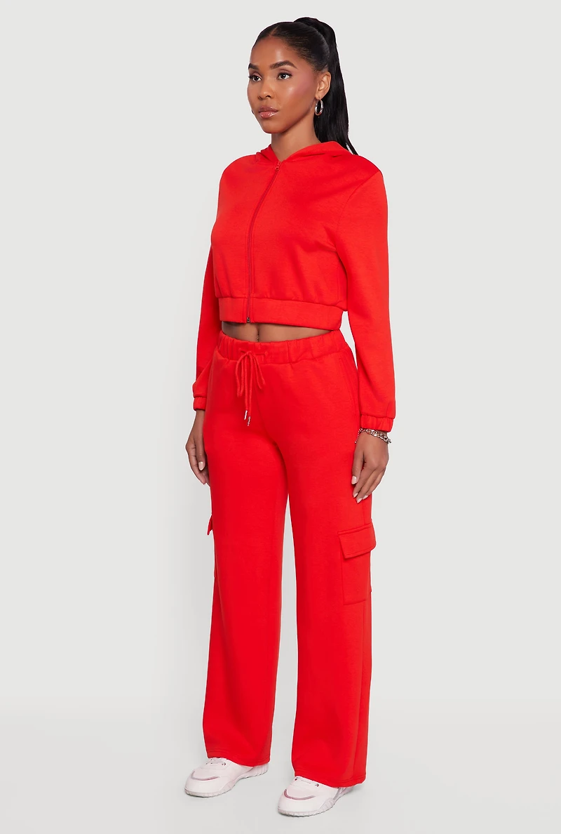 Womens Cropped Long Sleeve Zip Front Hoodie, Red,