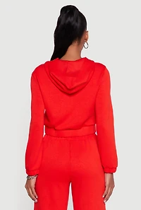 Womens Cropped Long Sleeve Zip Front Hoodie, Red,