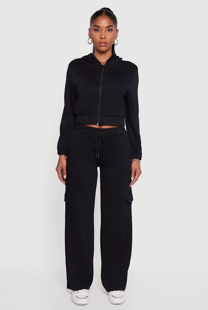 Womens Drawstring Waist Straight Leg Cargo Sweatpants, Black, Size L