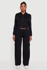 Womens Drawstring Waist Straight Leg Cargo Sweatpants, Black, Size L