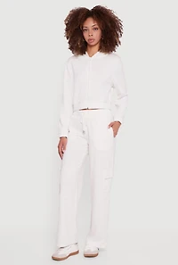 Womens Drawstring Waist Straight Leg Cargo Sweatpants, White, Size M