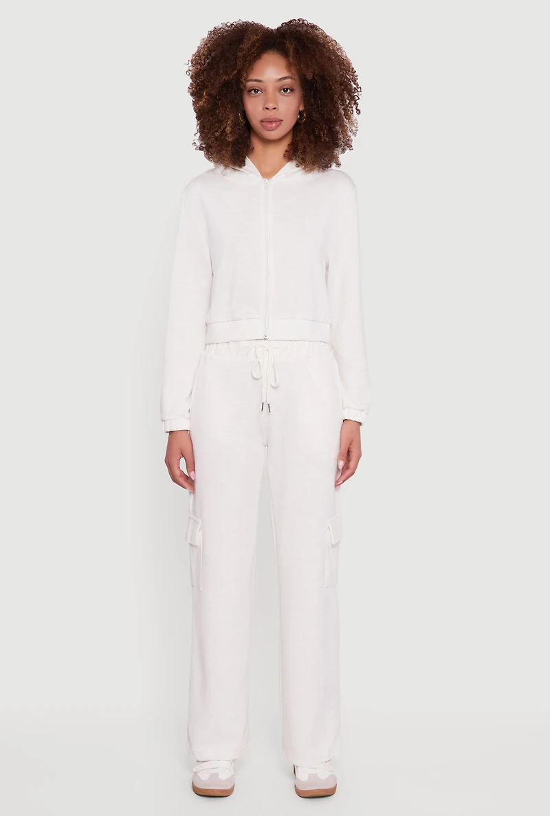Womens Drawstring Waist Straight Leg Cargo Sweatpants, White, Size M