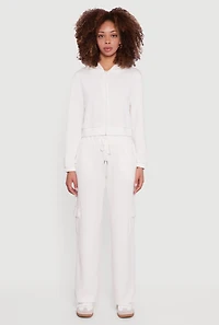 Womens Drawstring Waist Straight Leg Cargo Sweatpants, White,