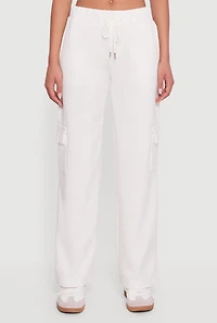 Womens Drawstring Waist Straight Leg Cargo Sweatpants, White, Size M