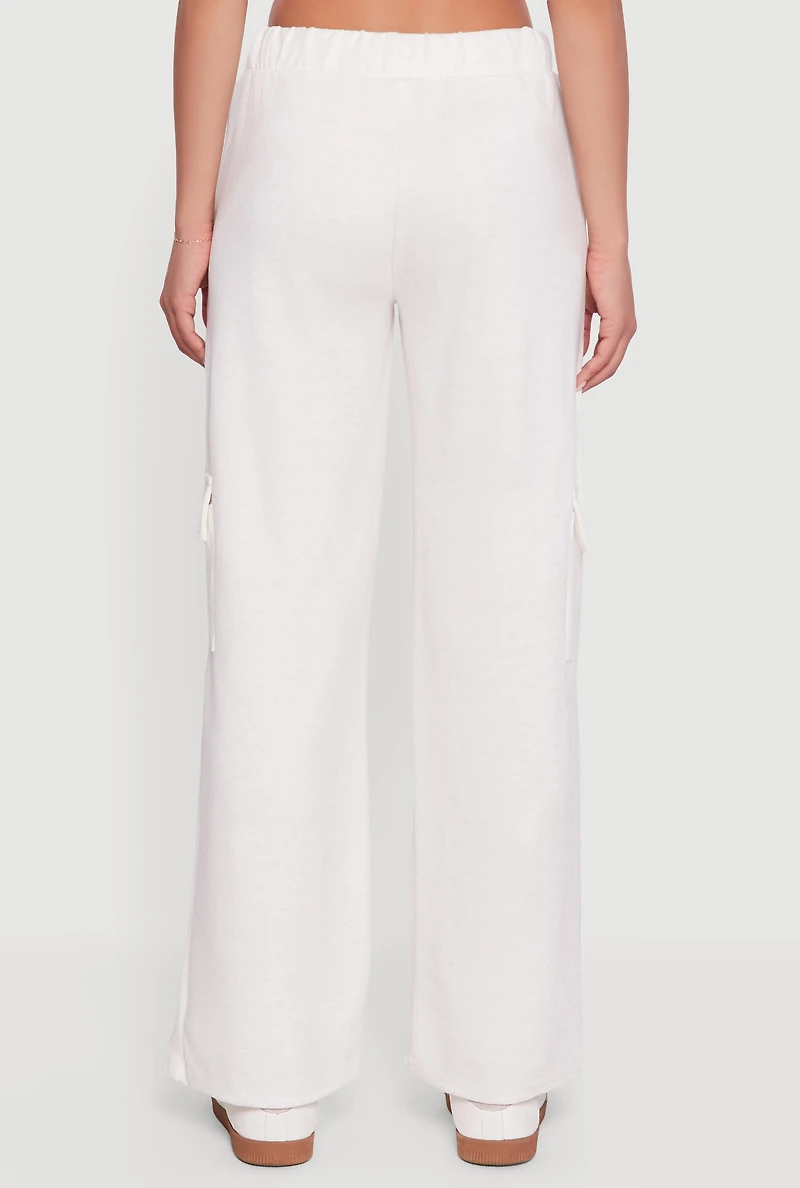 Womens Drawstring Waist Straight Leg Cargo Sweatpants, White,