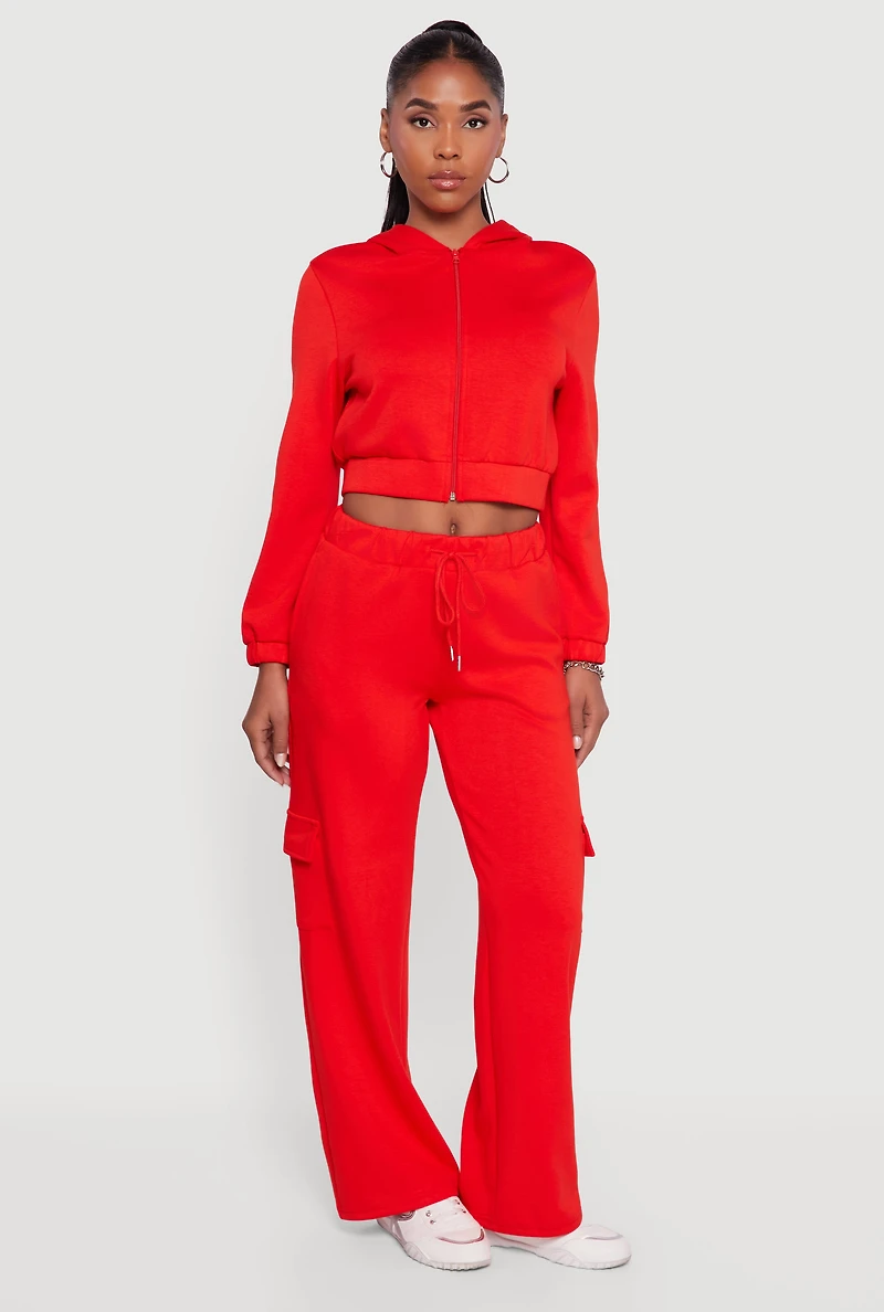 Womens Drawstring Waist Straight Leg Cargo Sweatpants, Red, Size S