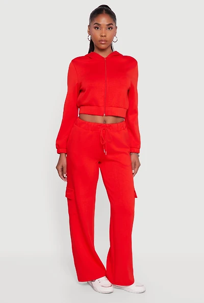 Womens Drawstring Waist Straight Leg Cargo Sweatpants, Red, Size S