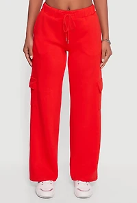 Womens Drawstring Waist Straight Leg Cargo Sweatpants, Red, Size S