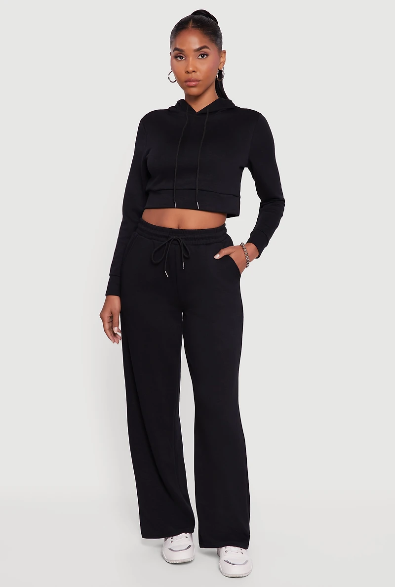 Womens Pull On Drawstring Waist Wide Leg Sweatpants, Black,