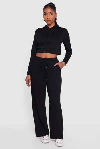 Womens Pull On Drawstring Waist Wide Leg Sweatpants, Black,