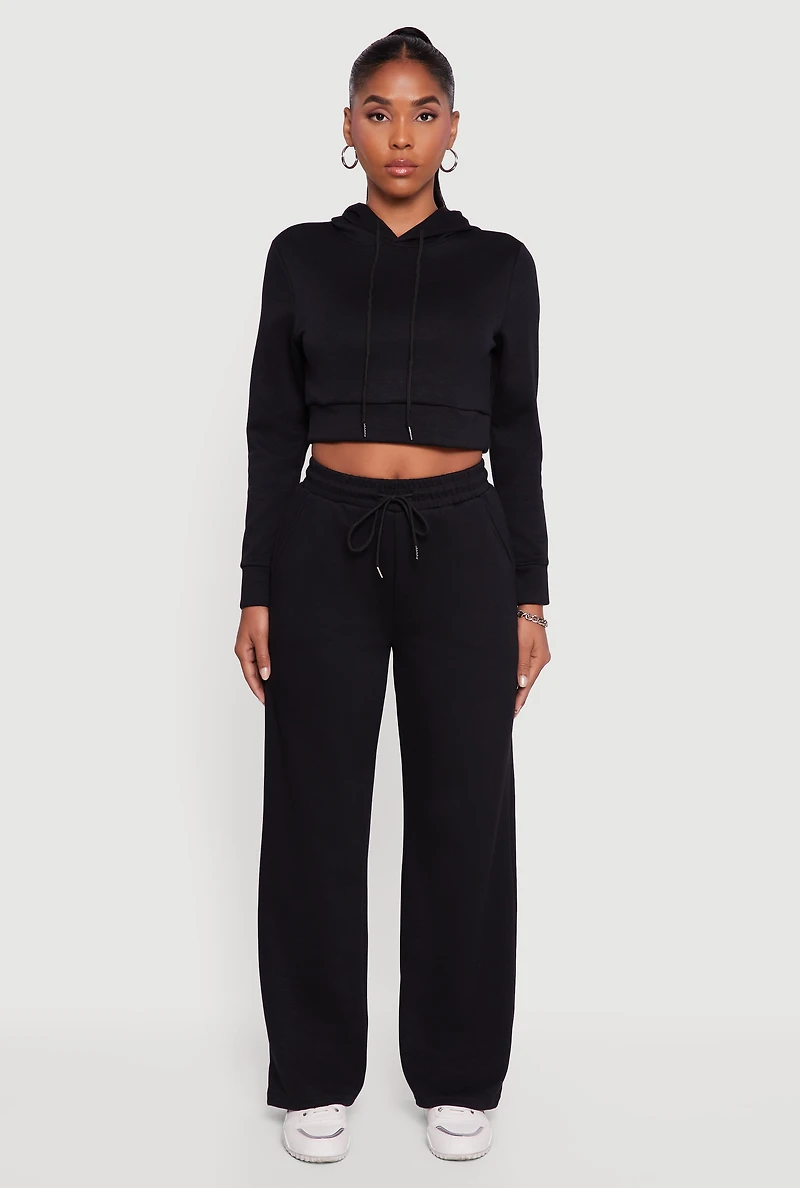 Womens Pull On Drawstring Waist Wide Leg Sweatpants, Black,