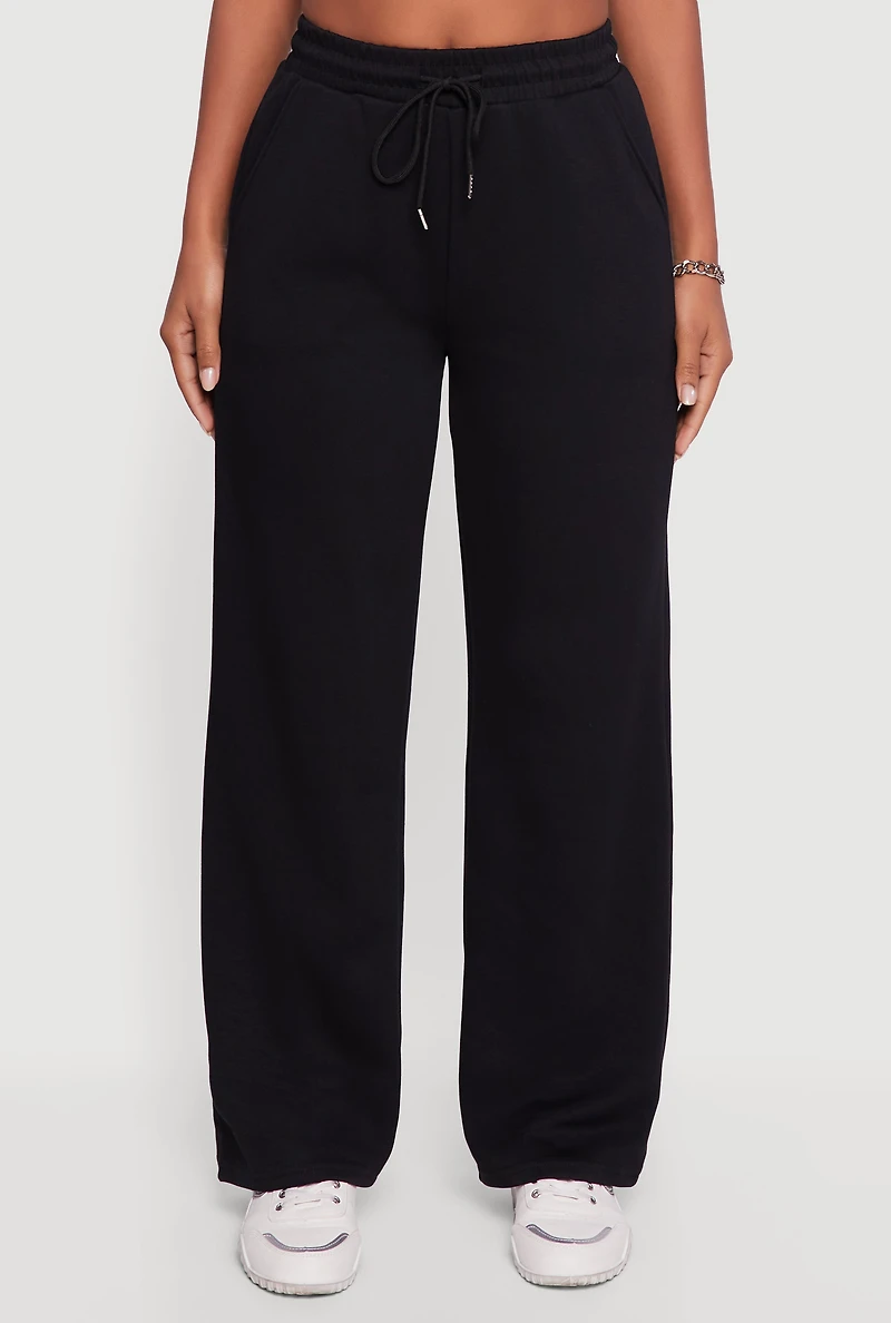 Womens Pull On Drawstring Waist Wide Leg Sweatpants, Black,