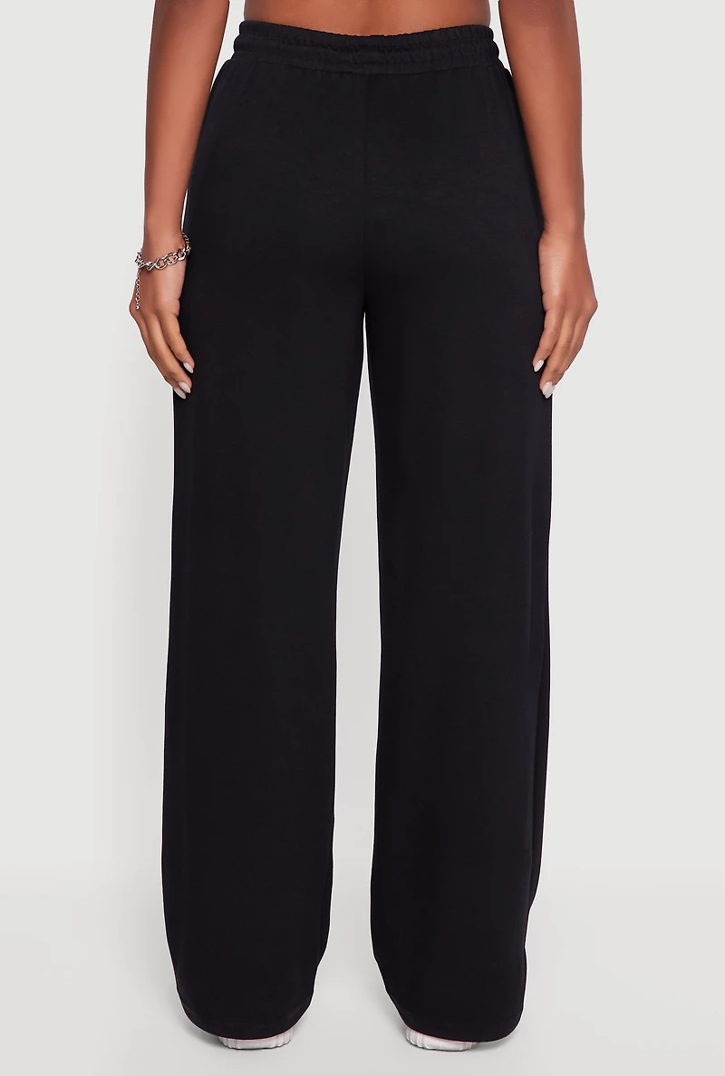 Womens Pull On Drawstring Waist Wide Leg Sweatpants, Black,