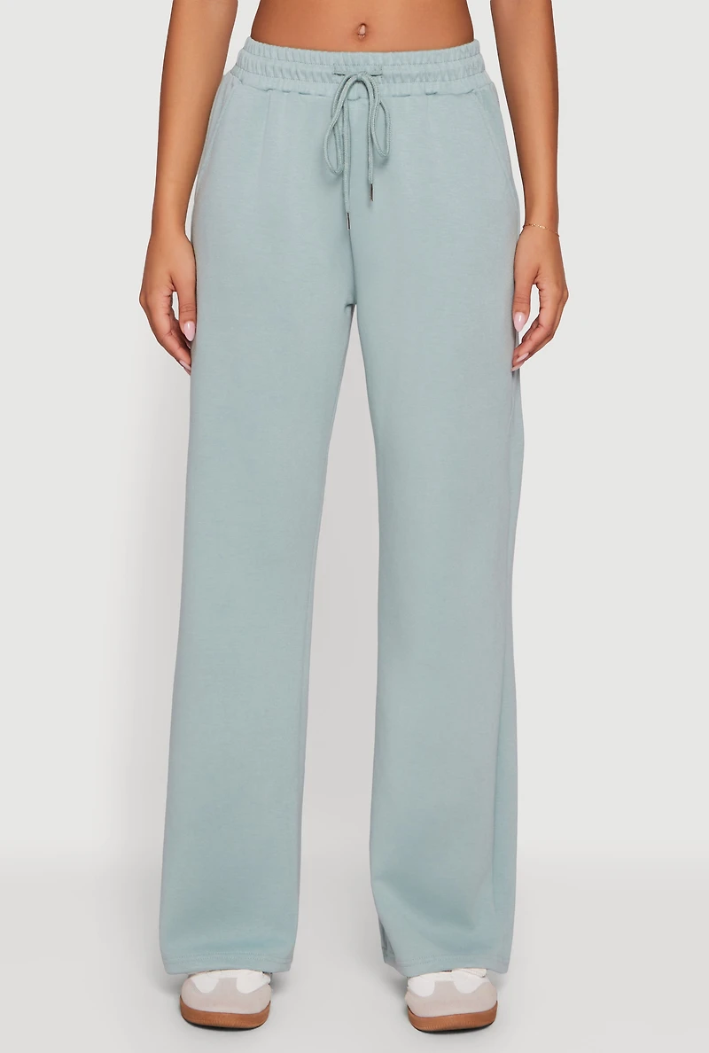 Womens Pull On Drawstring Waist Wide Leg Sweatpants, Green,