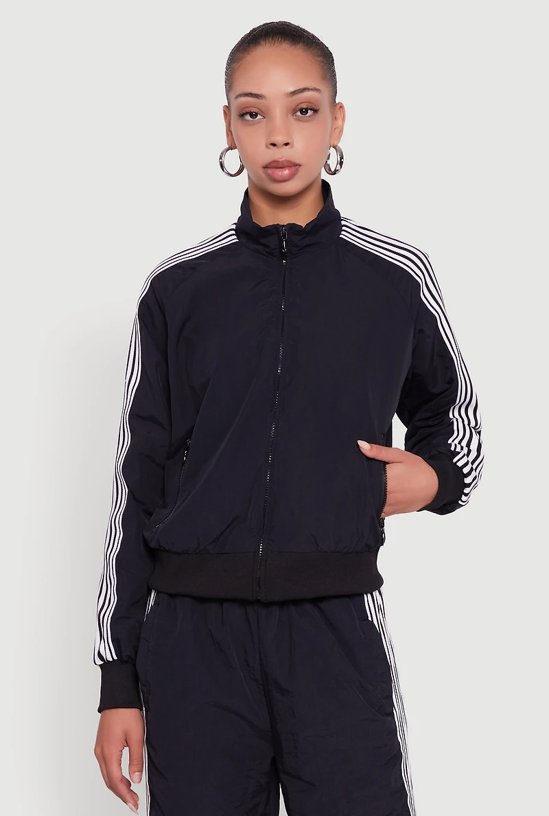 Womens Side Striped Nylon Mock Neck Track Jacket, S