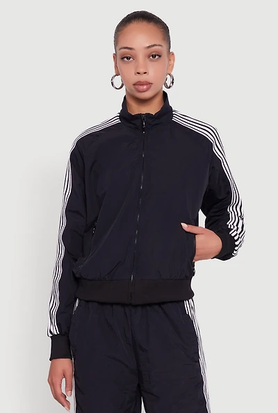 Womens Side Striped Nylon Mock Neck Track Jacket, S