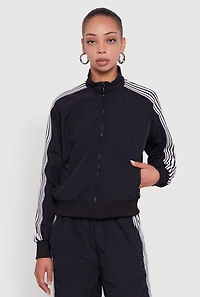 Womens Side Striped Nylon Mock Neck Track Jacket, Black, Size S