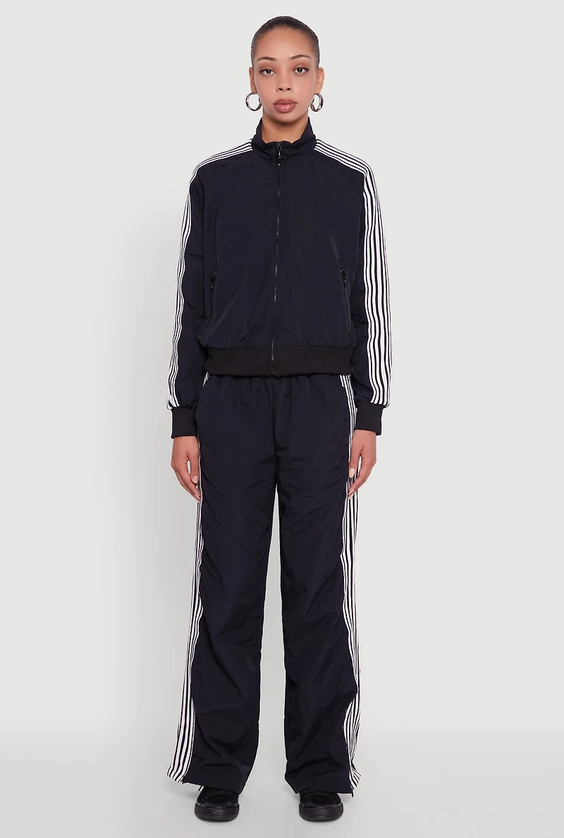 Womens Side Striped Nylon Mock Neck Track Jacket, Black, Size S