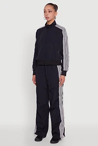 Womens Side Striped Nylon Mock Neck Track Jacket, Black, Size S