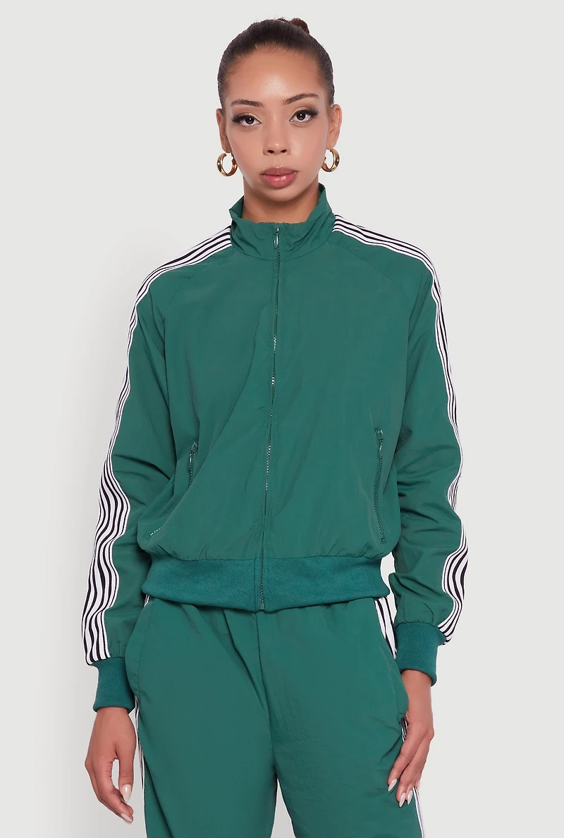 Womens Side Striped Nylon Mock Neck Track Jacket, Green,
