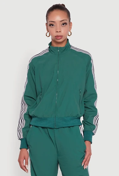 Womens Side Striped Nylon Mock Neck Track Jacket, Green,