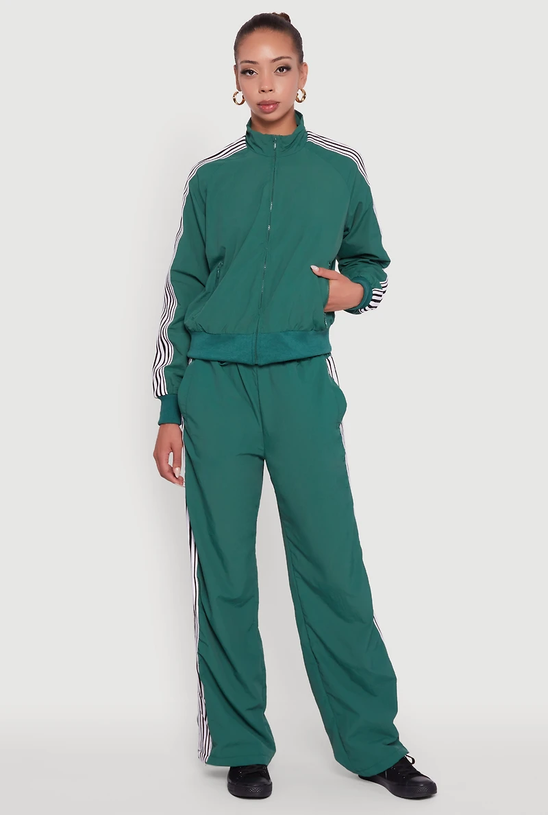 Womens Side Striped Nylon Mock Neck Track Jacket, Green, Size L
