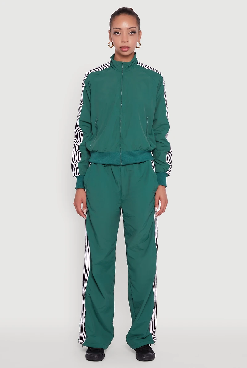 Womens Side Striped Nylon Mock Neck Track Jacket, Green, Size L