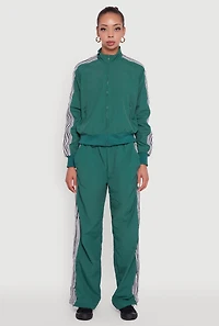 Womens Side Striped Nylon Mock Neck Track Jacket, Green, Size L