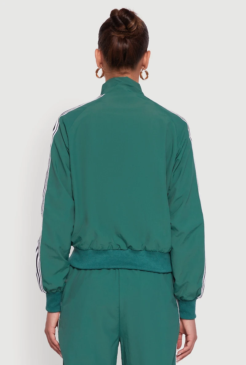 Womens Side Striped Nylon Mock Neck Track Jacket, Green, Size L