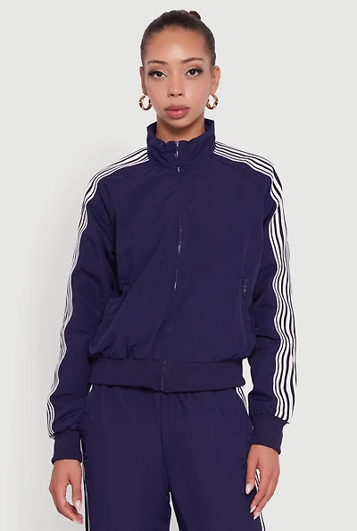 Womens Side Striped Nylon Mock Neck Track Jacket,