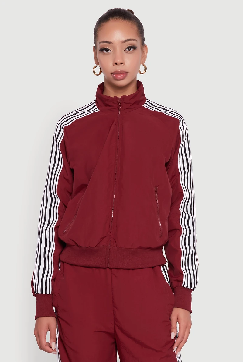 Womens Side Striped Nylon Mock Neck Track Jacket, Burgundy, Size L