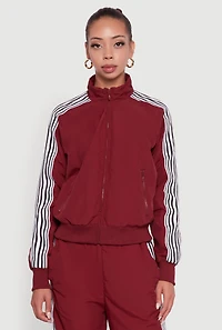 Womens Side Striped Nylon Mock Neck Track Jacket, Burgundy, Size L