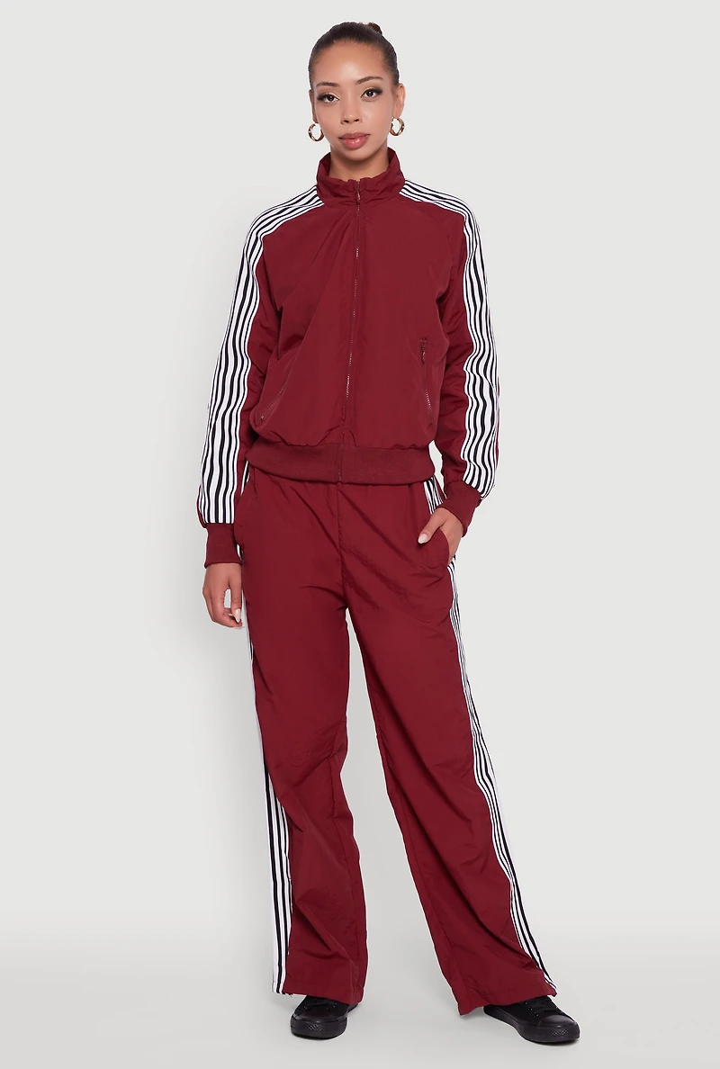 Womens Side Striped Nylon Mock Neck Track Jacket, Burgundy, Size L