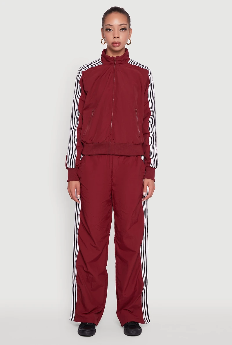 Womens Side Striped Nylon Mock Neck Track Jacket, Burgundy, Size L