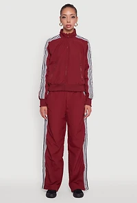 Womens Side Striped Nylon Mock Neck Track Jacket, Burgundy, Size L