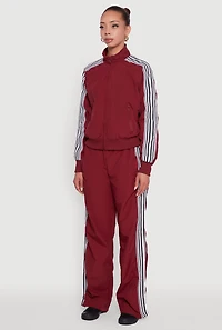 Womens Side Striped Nylon Mock Neck Track Jacket, Burgundy, Size L