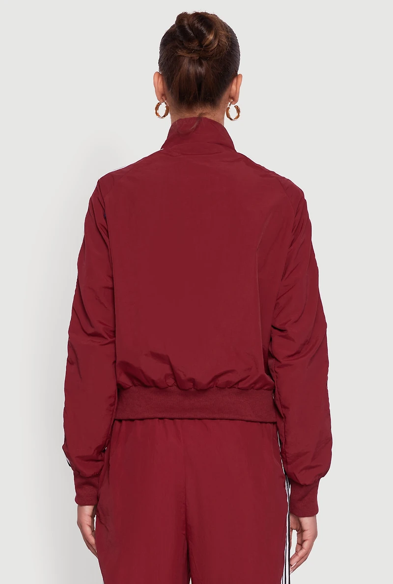 Womens Side Striped Nylon Mock Neck Track Jacket, Burgundy, Size L