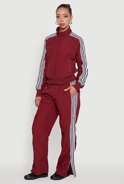 Womens Side Striped Nylon Track Pants, Burgundy,