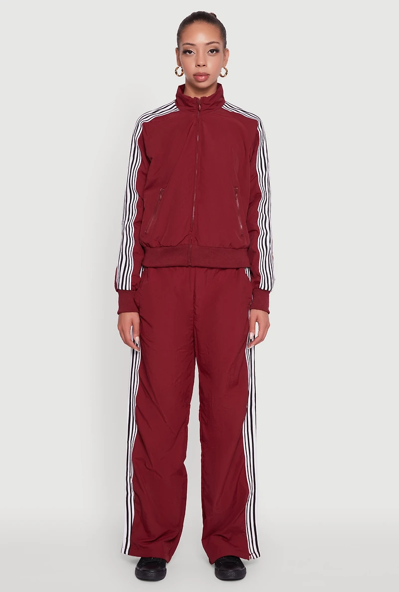 Womens Side Striped Nylon Track Pants, Burgundy,