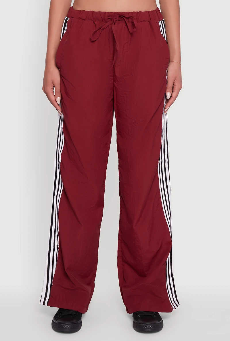 Womens Side Striped Nylon Track Pants, Burgundy, Size L