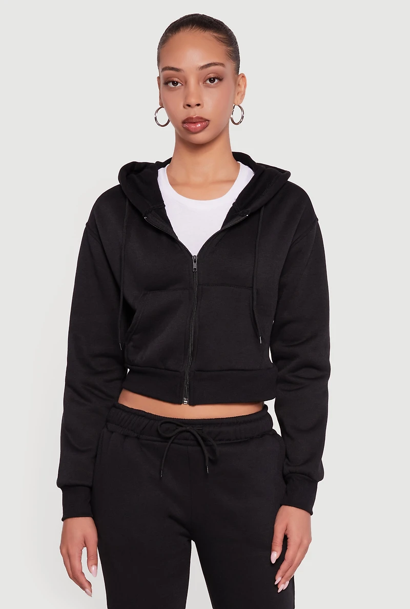 Womens Cropped Zip Front Hooded Sweatshirt, Black, Size S