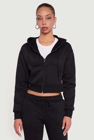 Womens Cropped Zip Front Hooded Sweatshirt, Black, Size S