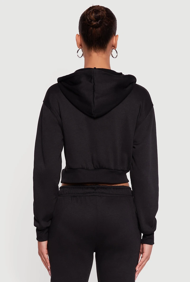 Womens Cropped Zip Front Hooded Sweatshirt, Black, Size S