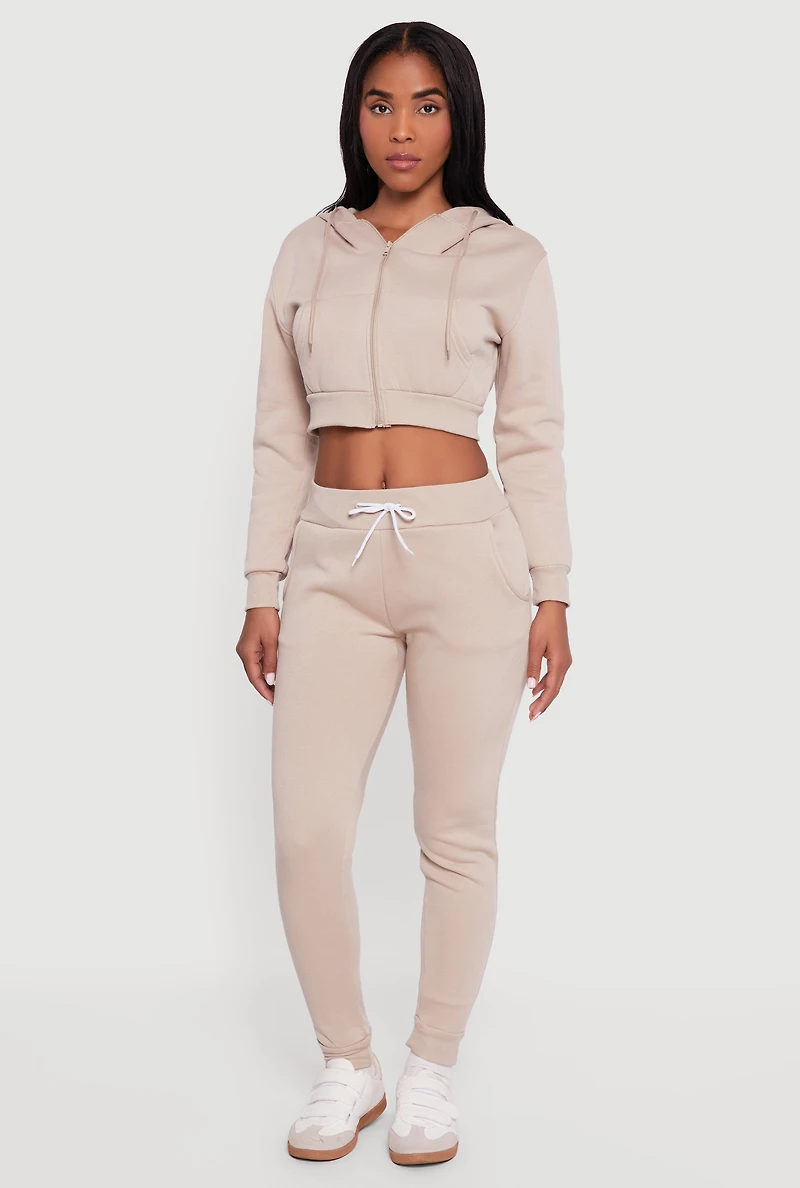 Womens Cropped Zip Front Hooded Sweatshirt, Beige, Size L