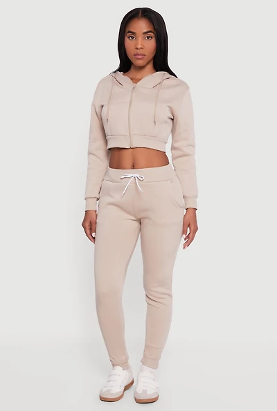 Womens Cropped Zip Front Hooded Sweatshirt, Beige, Size L