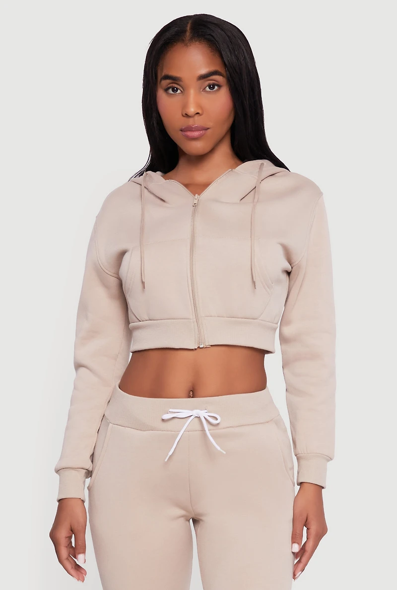 Womens Cropped Zip Front Hooded Sweatshirt, Beige, Size L
